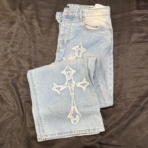 Embroidered Light Blue Denim Jeans